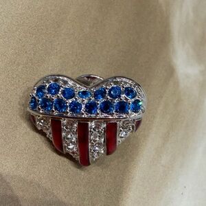 Patriotic Swarovski Brave Heart Crystal Pin Brooch Red, Clear & Blue - Silver